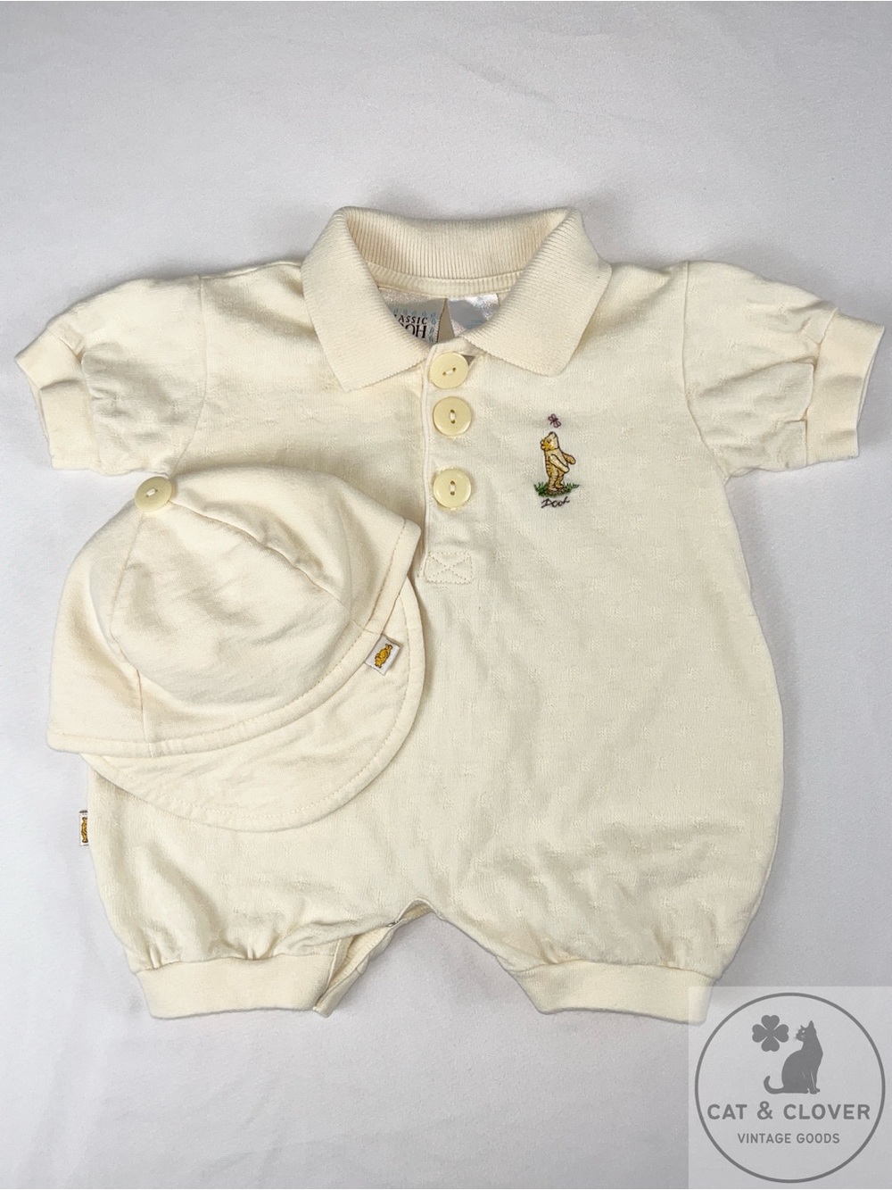 Classic Pooh 1990s Disney Heyman Corp Embroidered Vintage Romper & Hat Set 3M